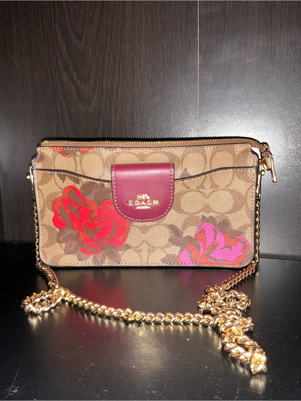 Coach Brown Signature Floral Canvas Crossbody with Gold Chain